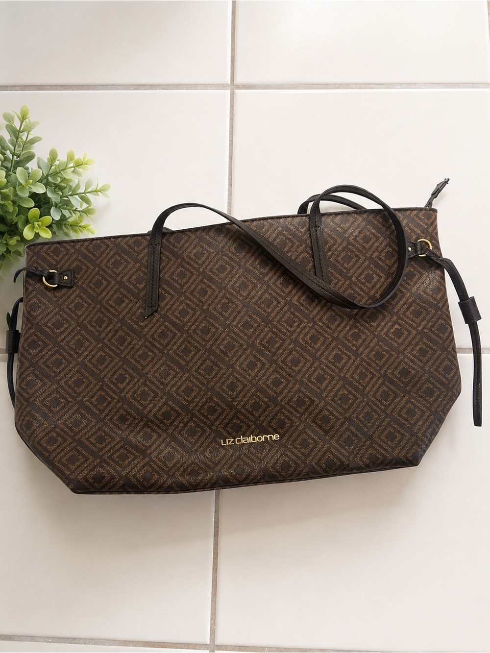 Liz Claiborne Brown Geometric Tote with Gold Logo